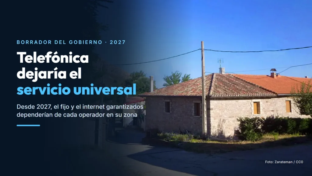 Calle de La Piedra (Burgos) con una casa de piedra y un poste con cables, junto al texto «Telefónica dejaría el servicio universal»