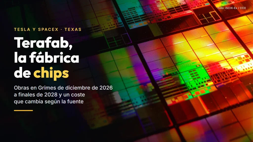 Oblea de silicio de 300 mm con sus chips iluminados en colores, junto al titular «Terafab, la fábrica de chips»