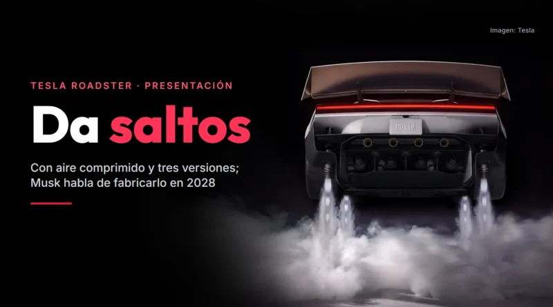 Parte trasera del nuevo Tesla Roadster sobre fondo negro, con la placa «ROSTR» y cuatro chorros de gas que levantan humo, junto al titular «Da saltos»