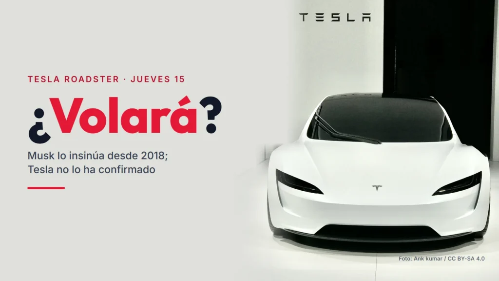 El prototipo blanco del Tesla Roadster de segunda generación, de frente, en el stand de Tesla del Grand Basel de 2018, junto al titular «¿Volará?»