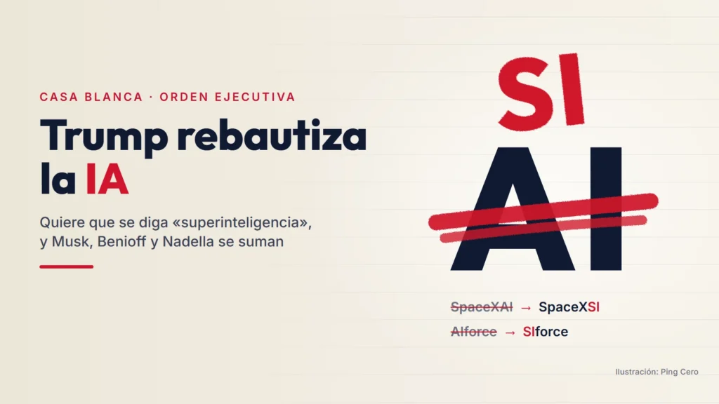 Ilustración de la palabra AI tachada con rotulador rojo y SI escrita encima, con SpaceXAI convertida en SpaceXSI y AIforce en SIforce, junto al titular «Trump rebautiza la IA» y la línea «Musk, Benioff y Nadella se suman»