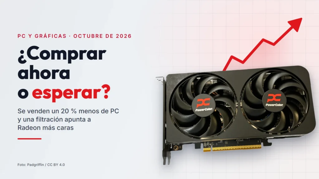 Tarjeta gráfica Radeon RX 9060 XT de PowerColor con una flecha roja de precio que sube por detrás, junto al titular «¿Comprar ahora o esperar?»