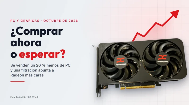 Tarjeta gráfica Radeon RX 9060 XT de PowerColor con una flecha roja de precio que sube por detrás, junto al titular «¿Comprar ahora o esperar?»