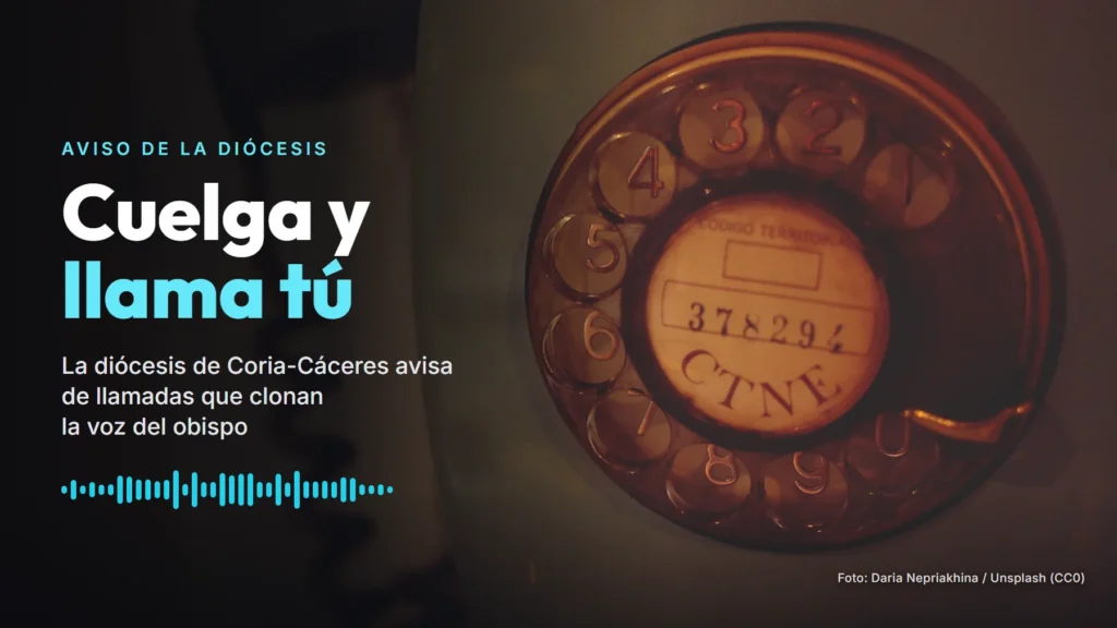 Disco numérico de un teléfono antiguo de dial, con el titular «Cuelga y llama tú» y una onda de voz dibujada a la izquierda
