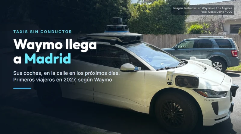 Jaguar I-PACE blanco de Waymo con la cúpula de sensores en el techo, aparcado en una calle, y el texto «Waymo llega a Madrid»