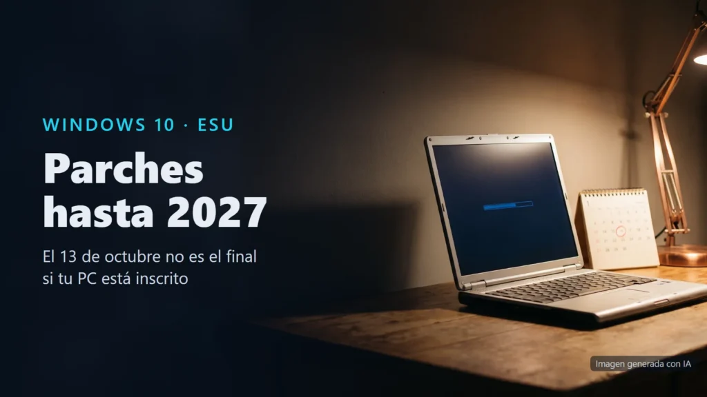 Imagen generada con IA de un portátil abierto sobre un escritorio de madera, junto a un calendario de mesa y un flexo encendido, con el texto «Windows 10 · ESU: parches hasta 2027»