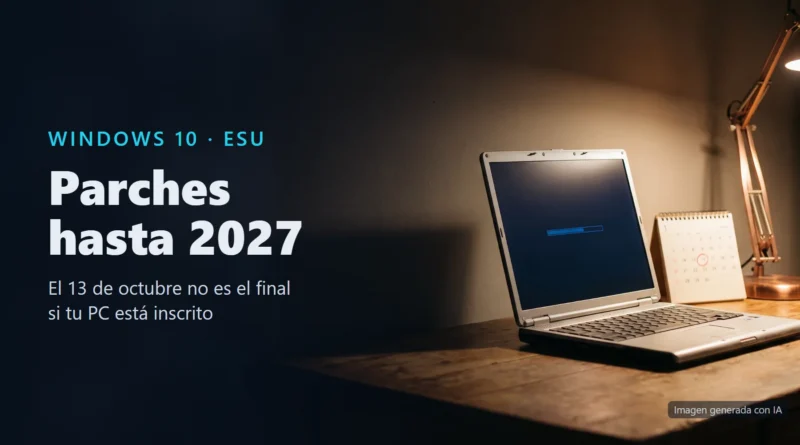 Imagen generada con IA de un portátil abierto sobre un escritorio de madera, junto a un calendario de mesa y un flexo encendido, con el texto «Windows 10 · ESU: parches hasta 2027»