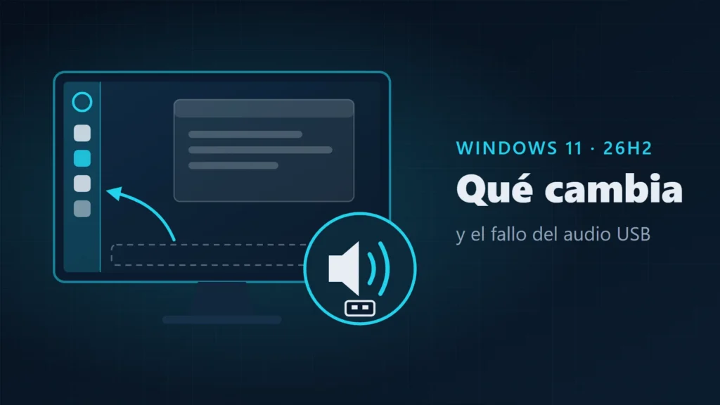 Ilustración de un monitor con la barra de tareas movida al lateral izquierdo y una insignia de altavoz con clavija USB, junto al texto «Windows 11 · 26H2: qué cambia y el fallo del audio USB»