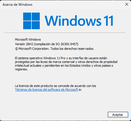 Ventana Acerca de Windows con Windows 11 Pro, versión 26H2, compilación de SO 26300.9457