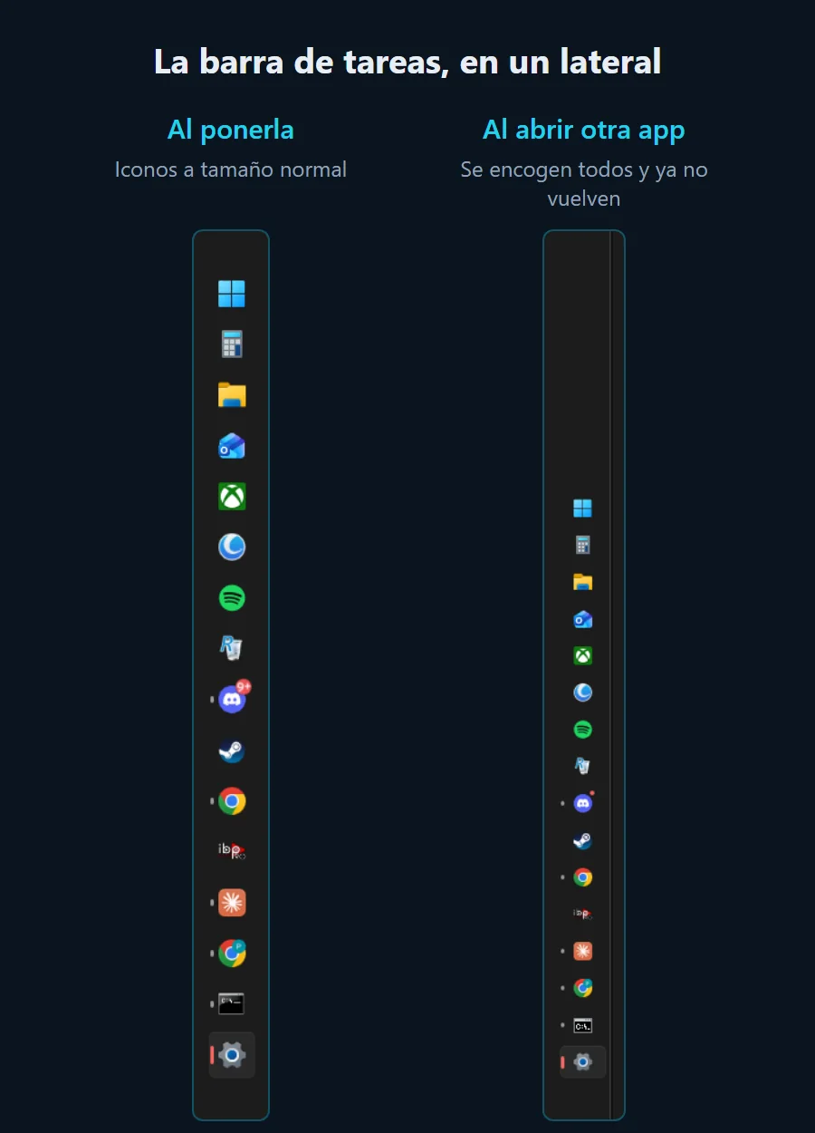 Dos capturas de la barra de tareas en vertical: con los iconos a tamaño normal y, tras abrir otra aplicación, con todos los iconos mucho más pequeños