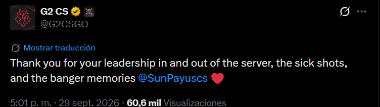 Captura del mensaje de G2 CS en X: agradece a SunPayus su liderazgo dentro y fuera del servidor, sus disparos y los recuerdos